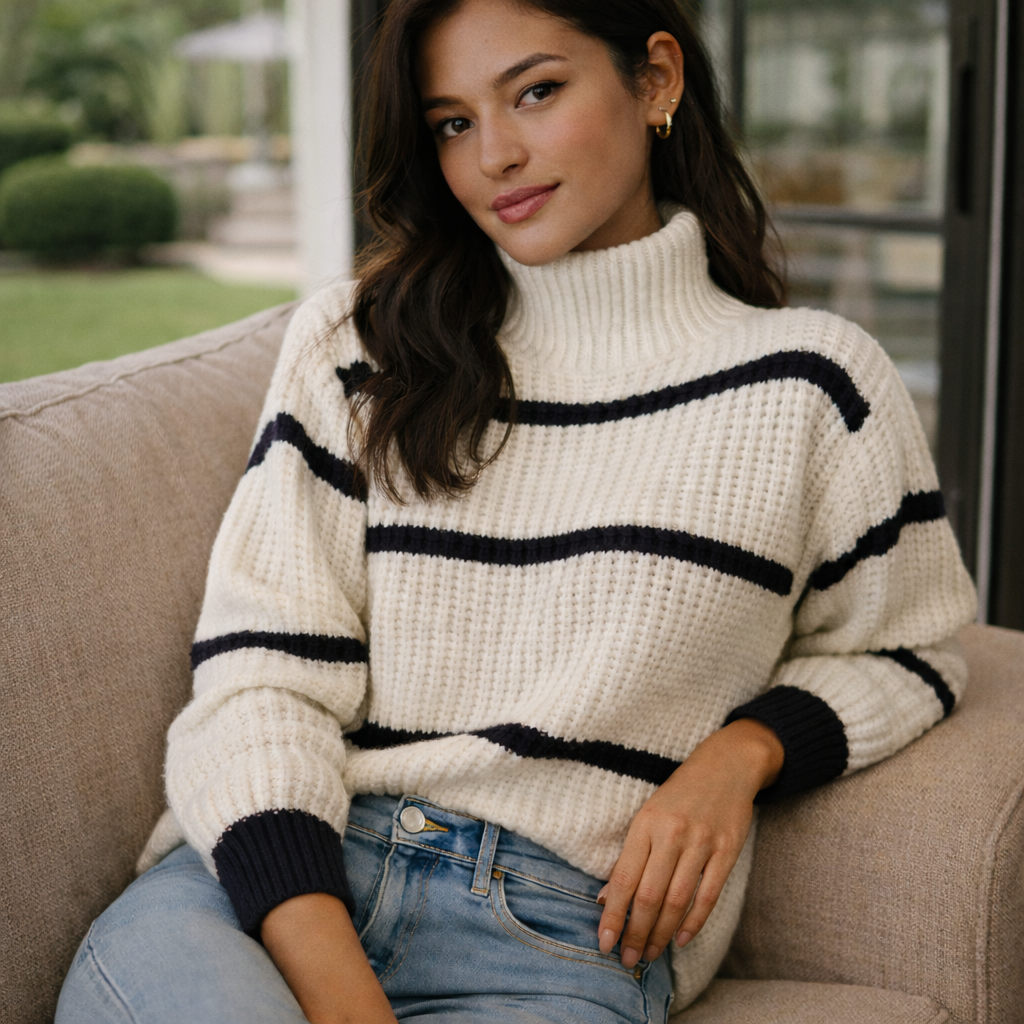 Sweter z golfem w paski | Dzianinowy model z długim rękawem