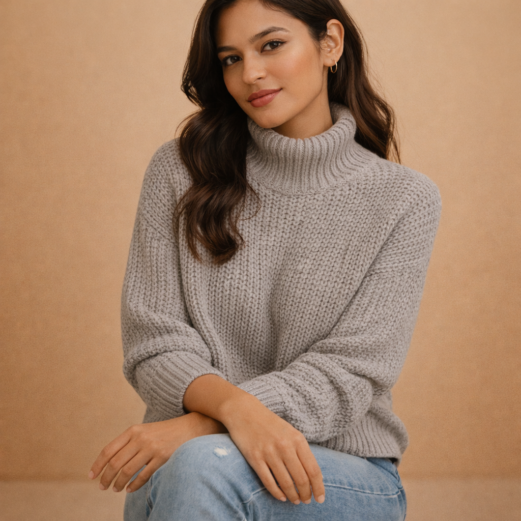 Damski sweter dziergany o klasycznym kroju | Model z golfem